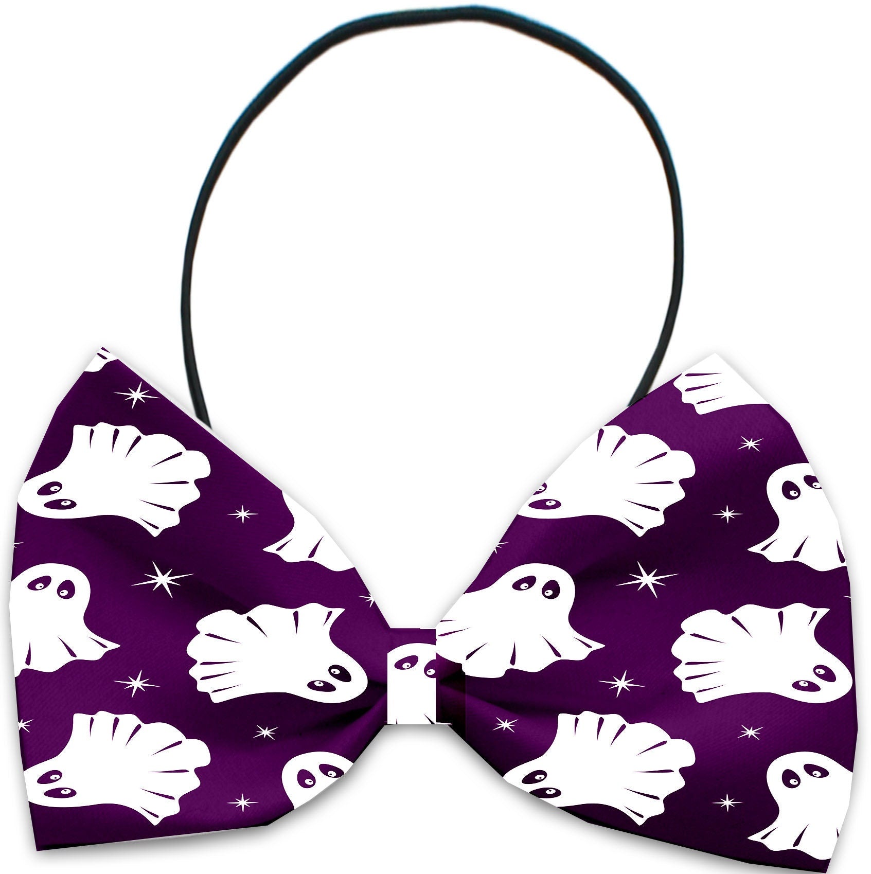 A collection of Halloween bow ties for pets, featuring various spooky patterns and colors, designed for dogs and cats.