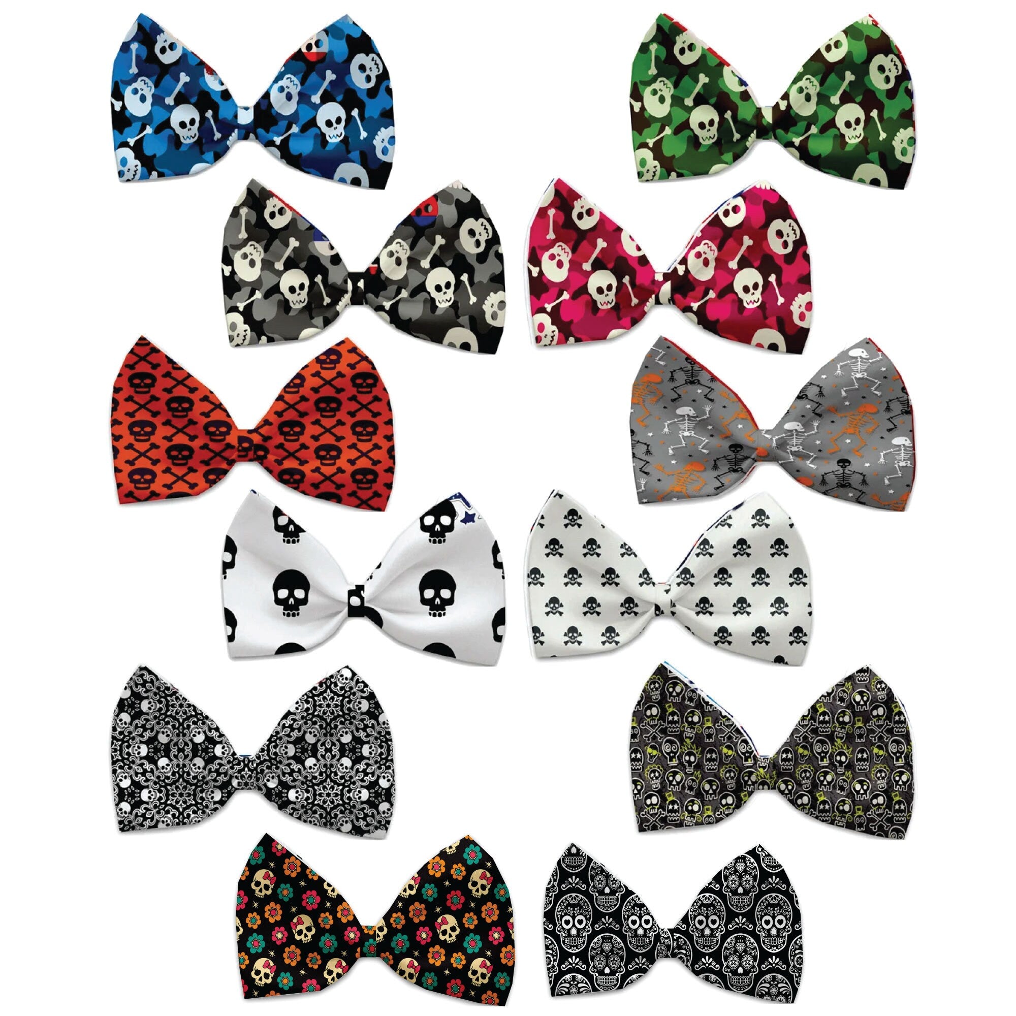 A collection of Halloween-themed bow ties for dogs and cats, featuring various festive patterns and colors, displayed elegantly.