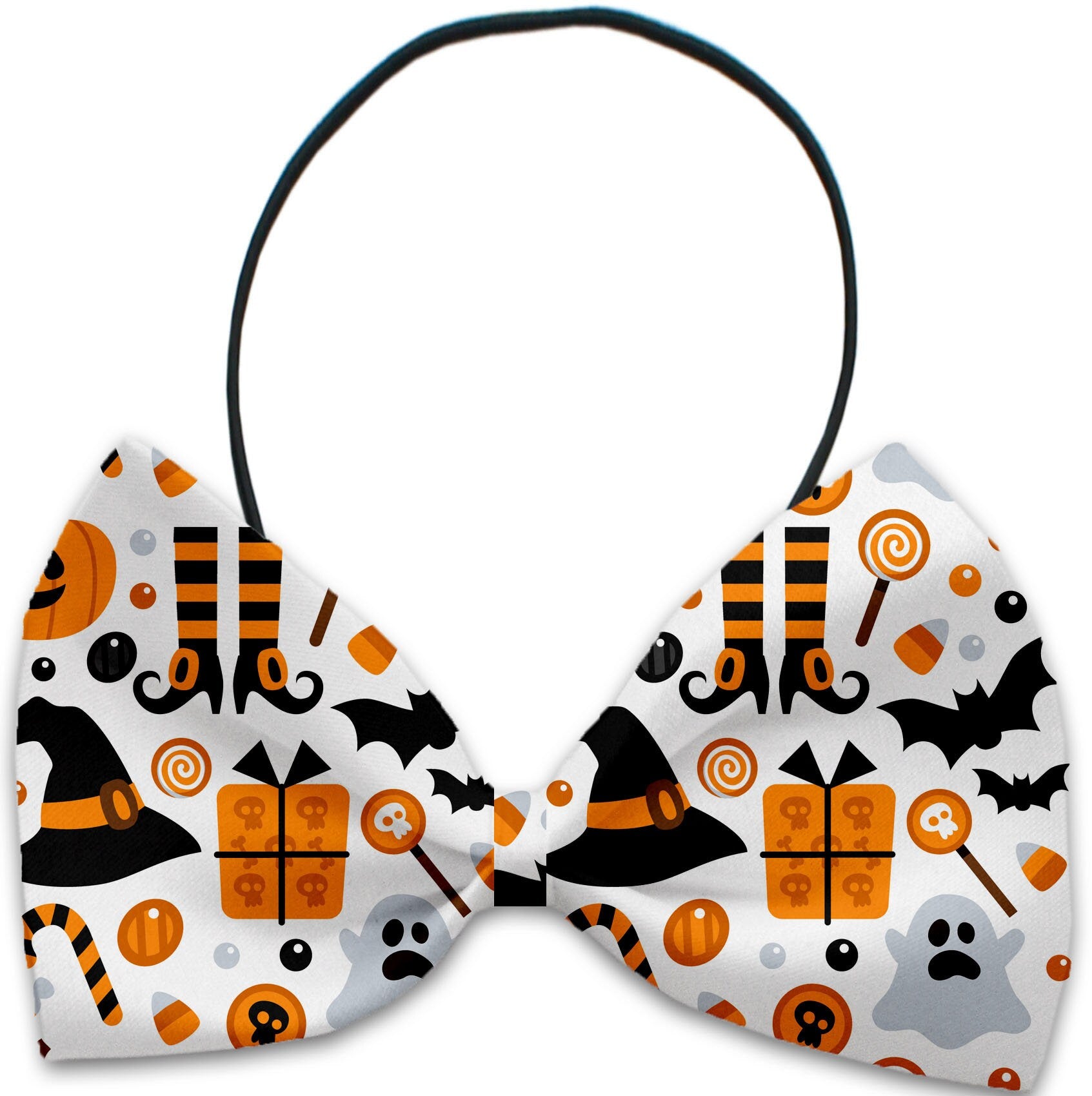 A collection of Halloween-themed bow ties for dogs and cats, featuring various festive patterns and colors, displayed elegantly.