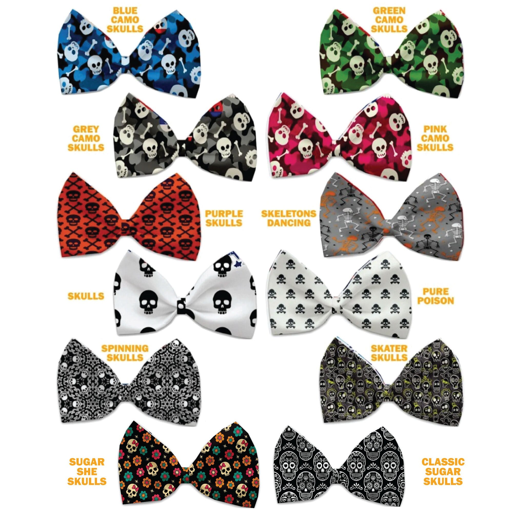 A collection of Halloween-themed bow ties for dogs and cats, featuring various festive patterns and colors, displayed elegantly.