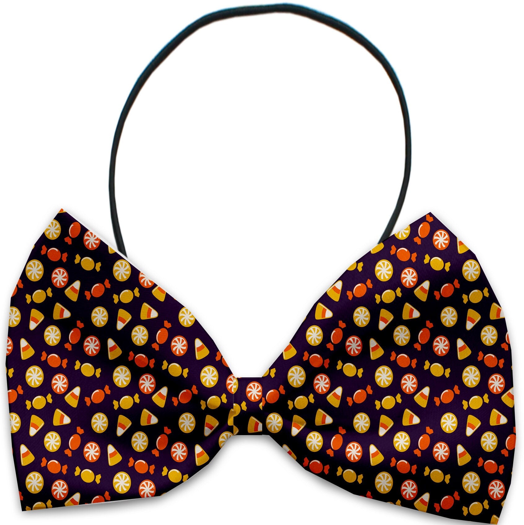 A collection of Halloween-themed bow ties for dogs and cats, featuring various festive patterns and colors, displayed elegantly.