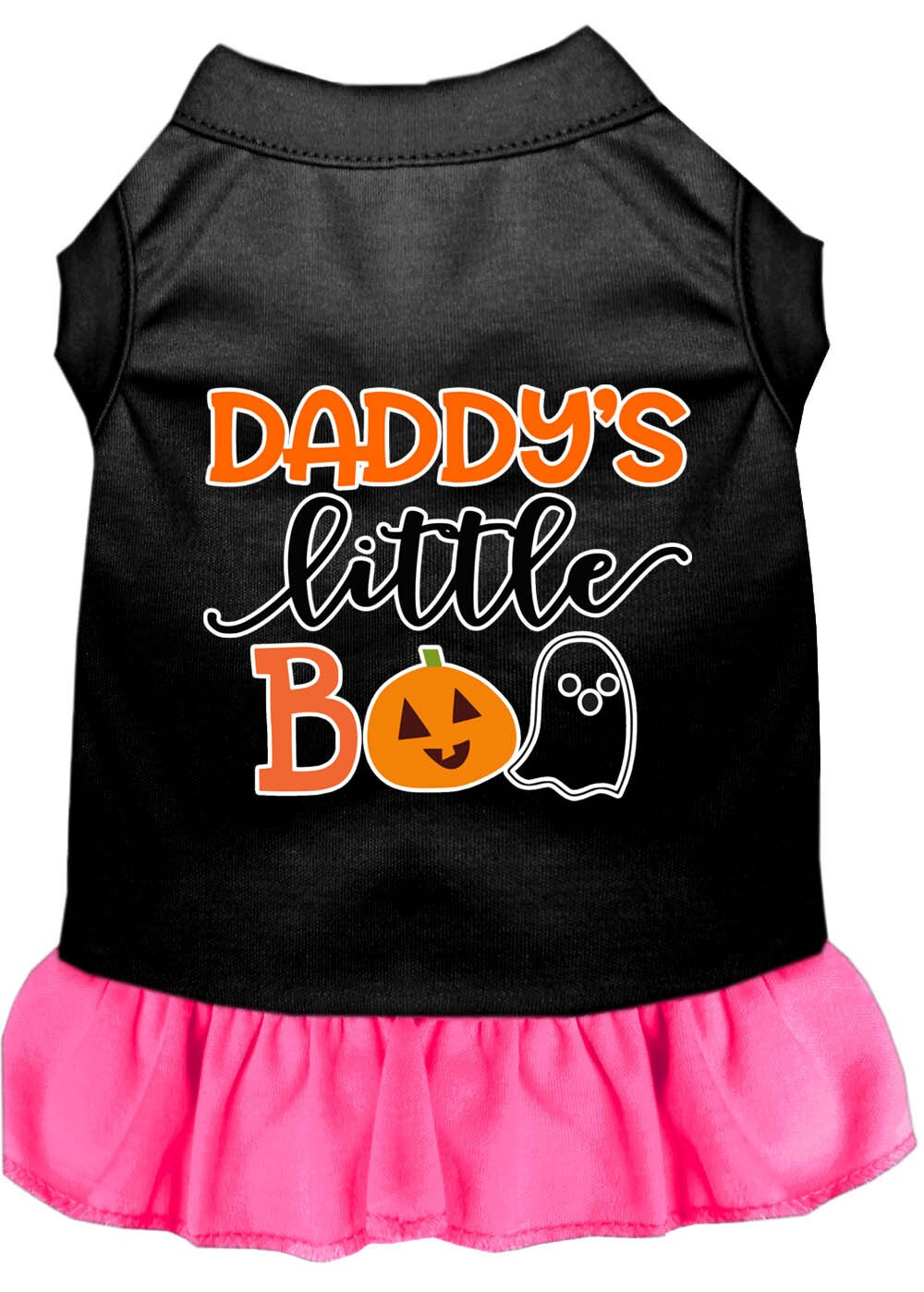 A cute Halloween dress for pets featuring the phrase 'Daddy's Little Boo', designed for both dogs and cats.