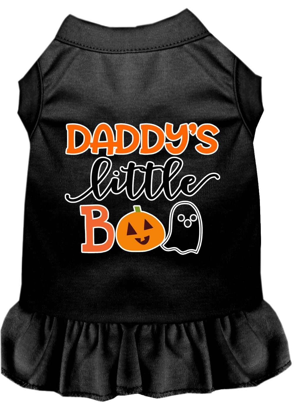 A cute Halloween dress for pets featuring the phrase 'Daddy's Little Boo', designed for both dogs and cats.