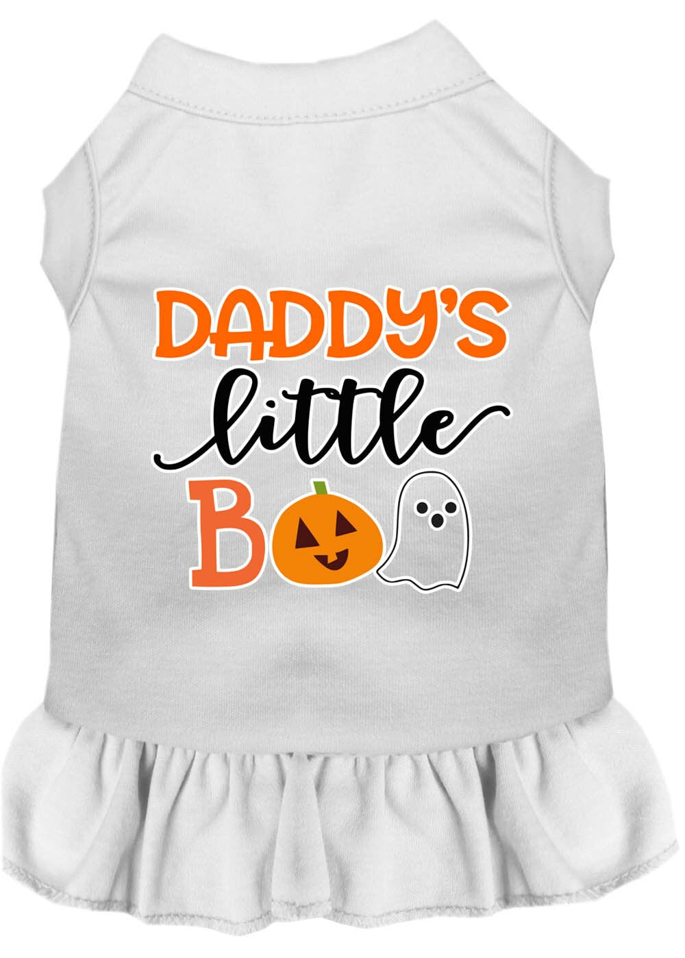 A cute Halloween dress for pets featuring the phrase 'Daddy's Little Boo', designed for both dogs and cats.