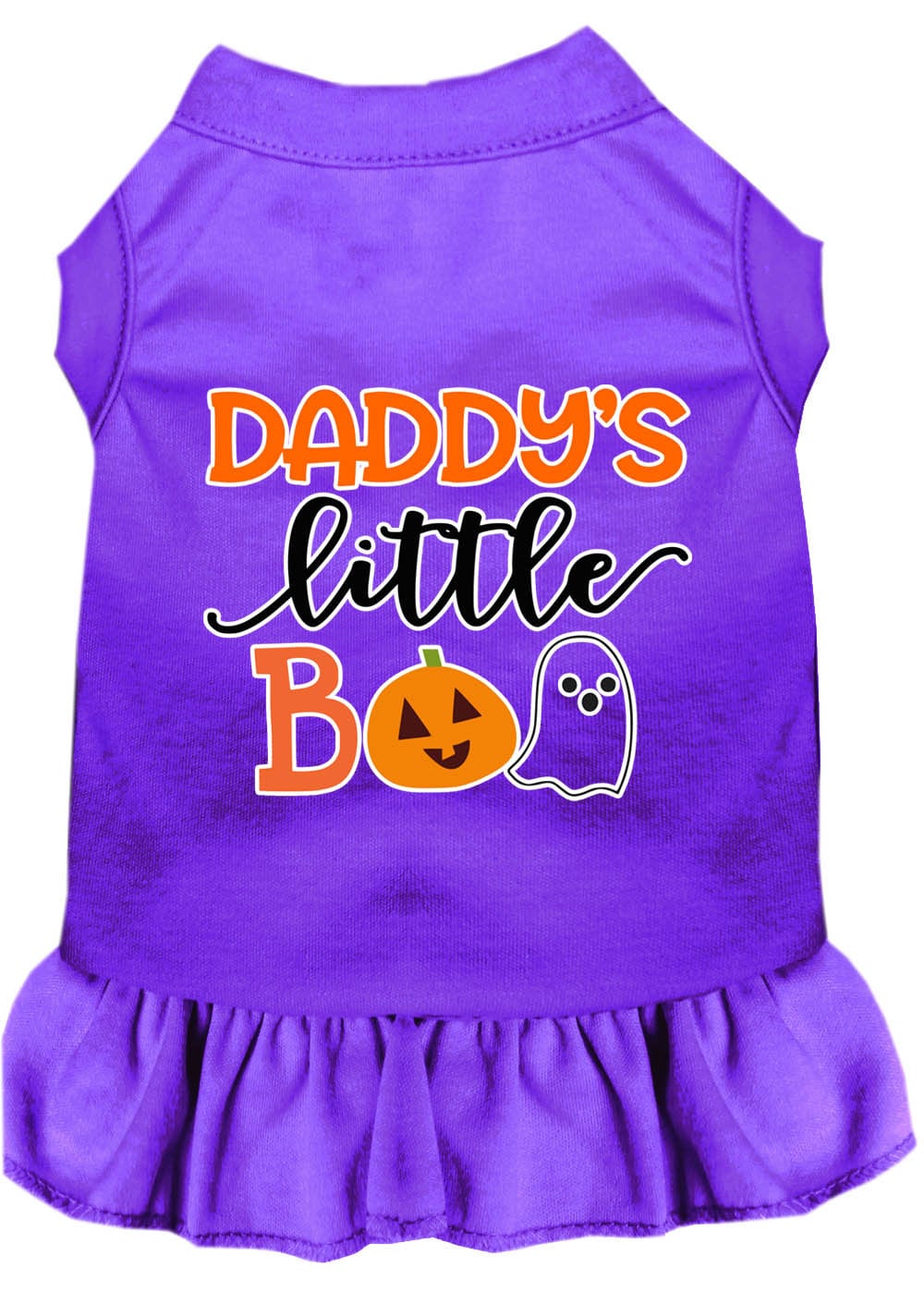 A cute Halloween dress for pets featuring the phrase 'Daddy's Little Boo', designed for both dogs and cats.