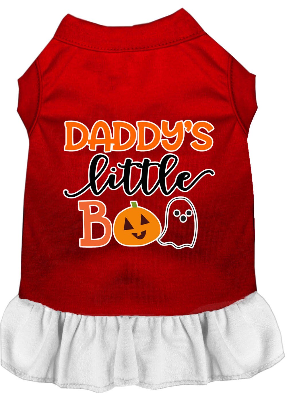 A cute Halloween dress for pets featuring the phrase 'Daddy's Little Boo', designed for both dogs and cats.