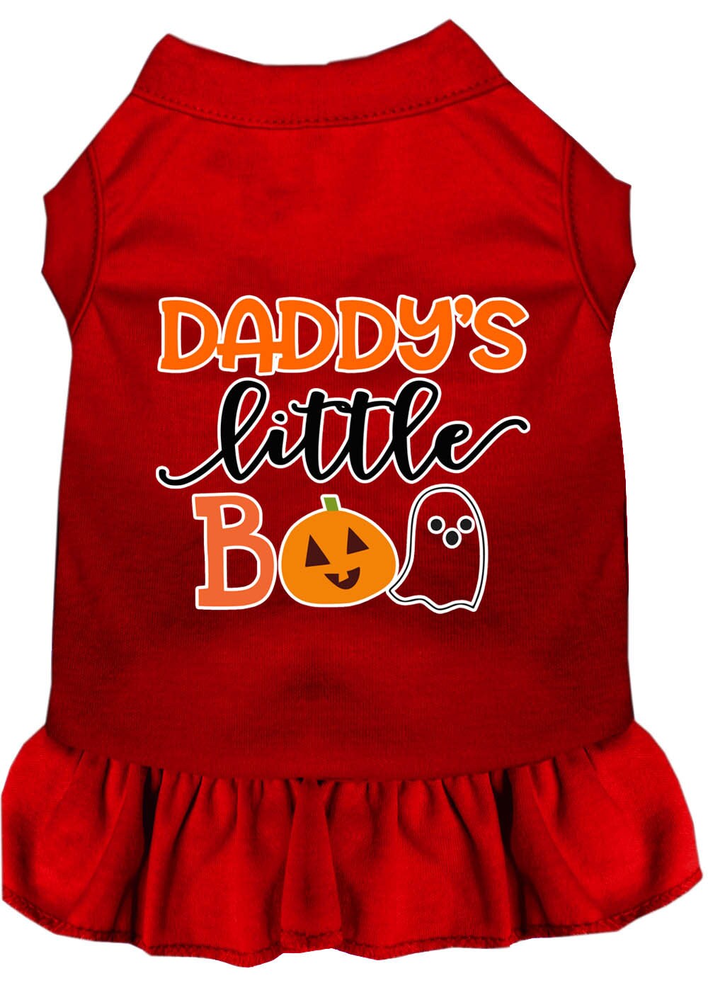 A cute Halloween dress for pets featuring the phrase 'Daddy's Little Boo', designed for both dogs and cats.