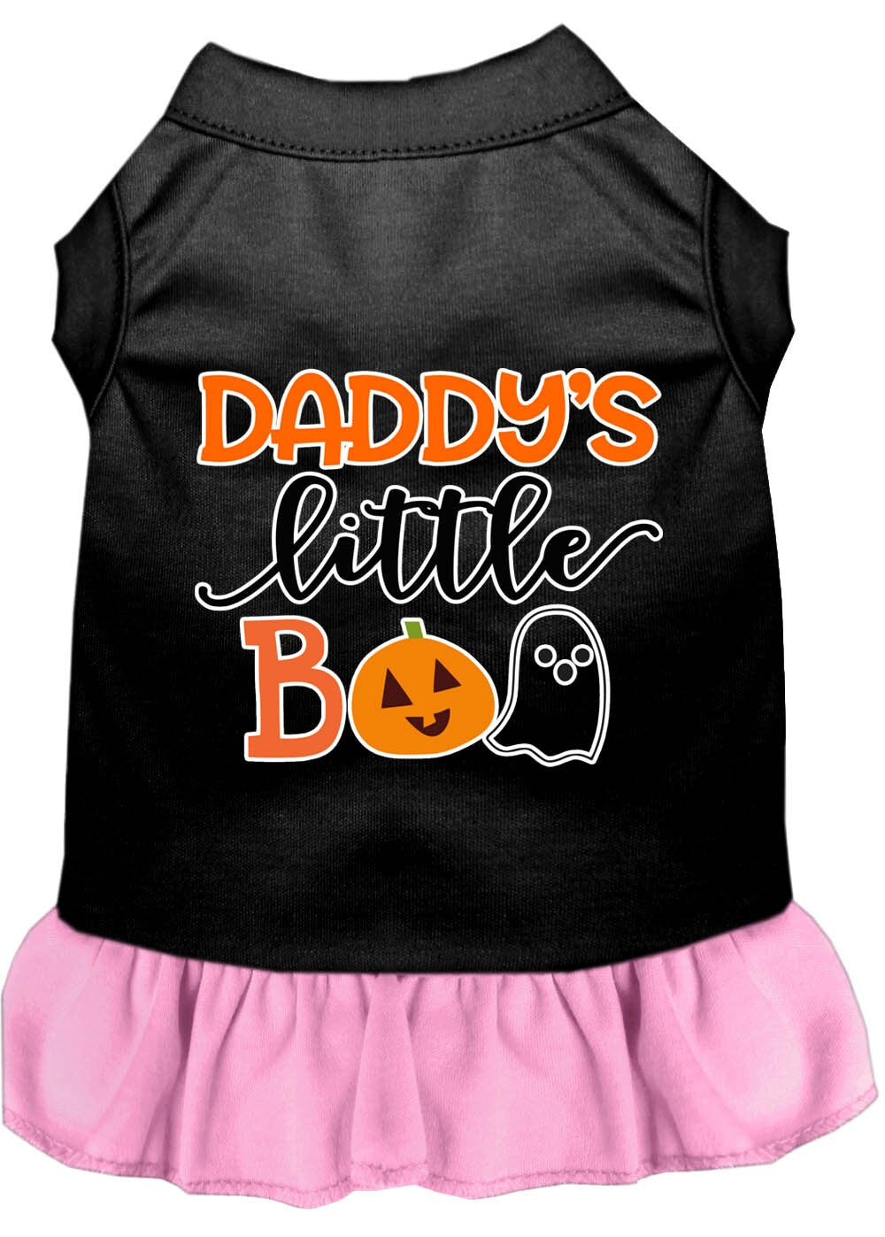 A cute Halloween dress for pets featuring the phrase 'Daddy's Little Boo', designed for both dogs and cats.