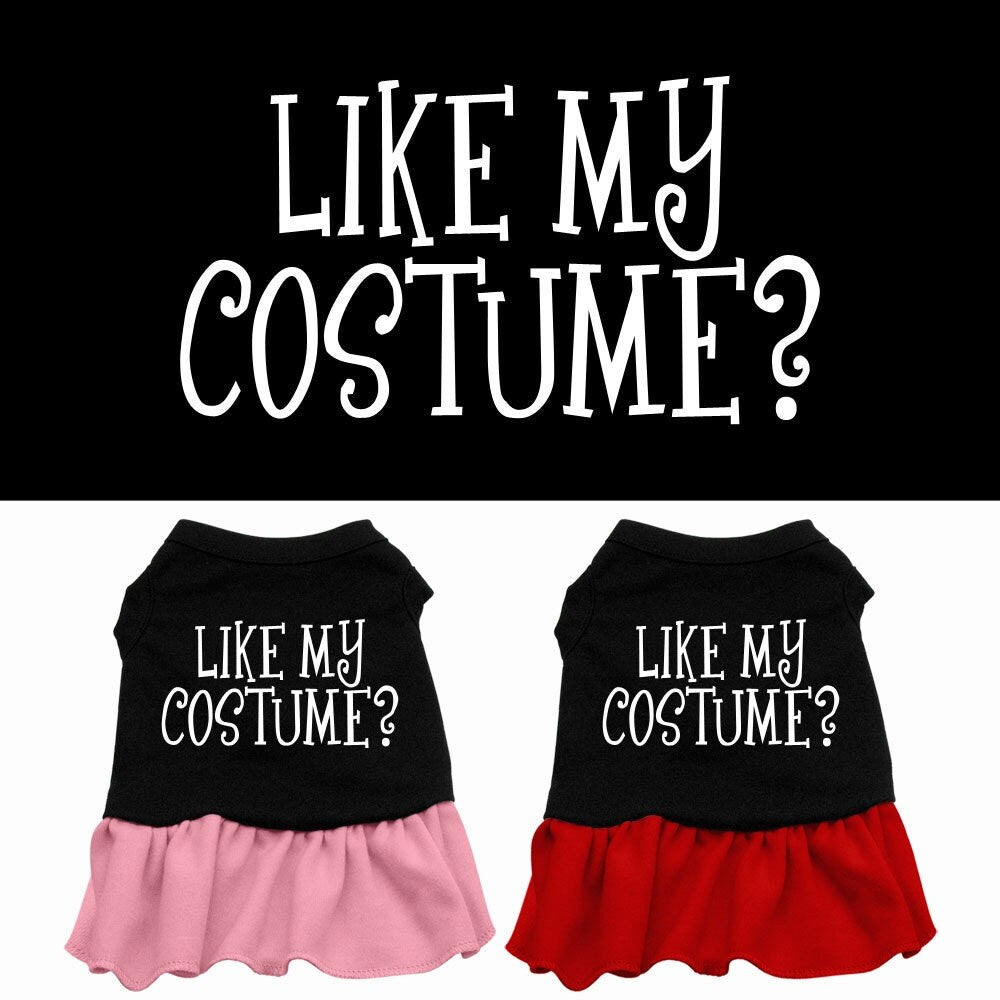 A cute Halloween dress for dogs and cats, featuring a screen-printed message 'Like My Costume' in vibrant colors, perfect for festive occasions.