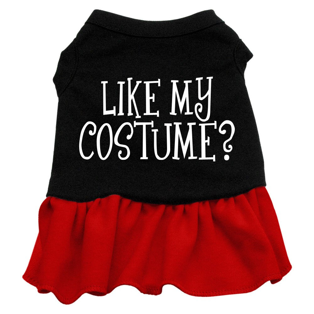 A cute Halloween dress for dogs and cats, featuring a screen-printed message 'Like My Costume' in vibrant colors, perfect for festive occasions.