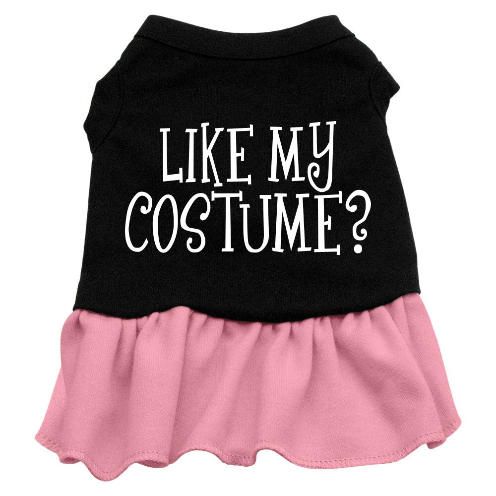A cute Halloween dress for dogs and cats, featuring a screen-printed message 'Like My Costume' in vibrant colors, perfect for festive occasions.