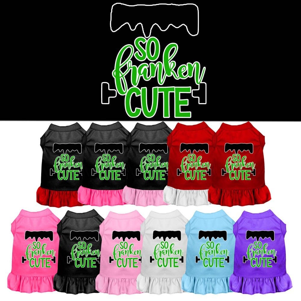 A cute Halloween dress for dogs and cats, featuring a vibrant 'So Franken Cute' print, designed for comfort and style.