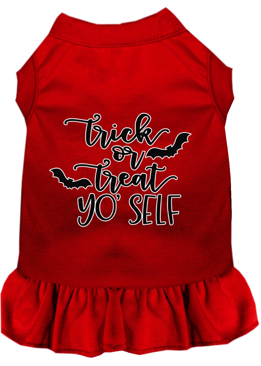 A cute Halloween dress for pets featuring the phrase 'Trick Or Treat Yo' Self', designed for both dogs and cats, showcasing a festive and playful style.