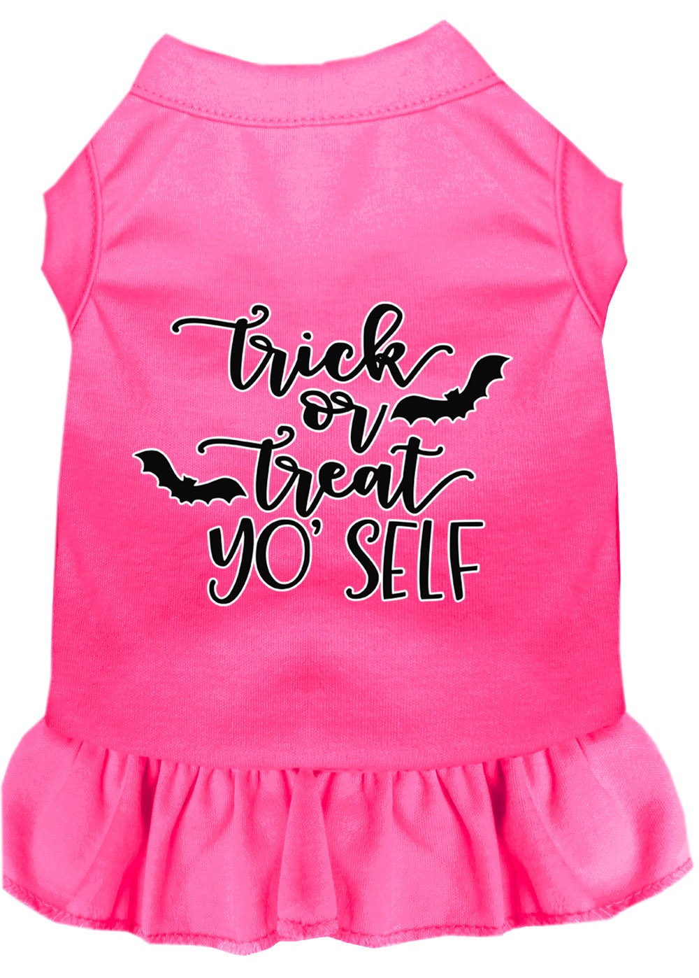 A cute Halloween dress for pets featuring the phrase 'Trick Or Treat Yo' Self', designed for both dogs and cats, showcasing a festive and playful style.