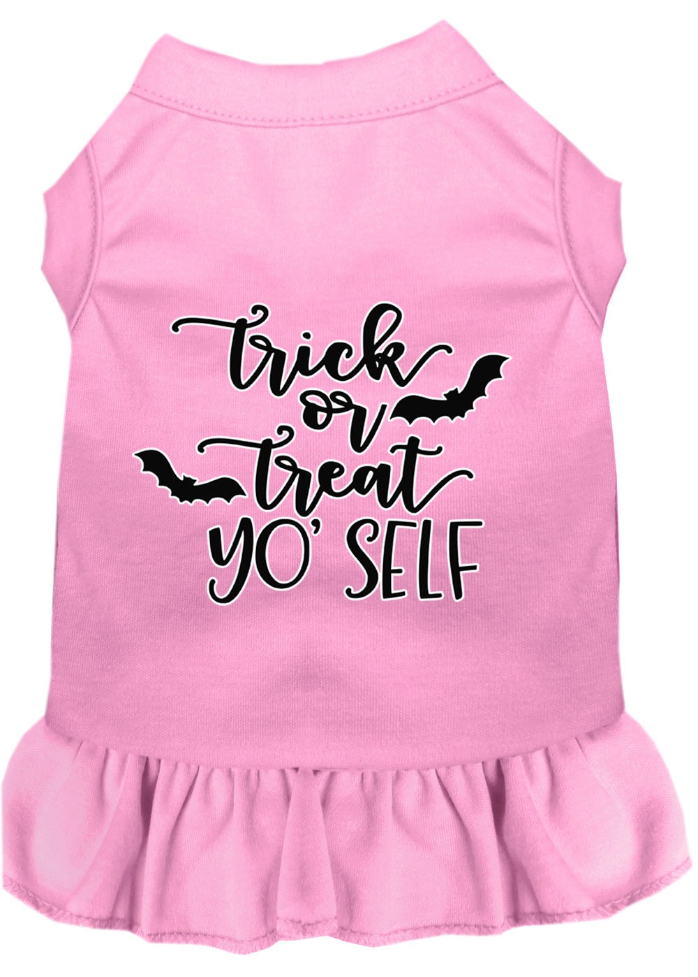A cute Halloween dress for pets featuring the phrase 'Trick Or Treat Yo' Self', designed for both dogs and cats, showcasing a festive and playful style.