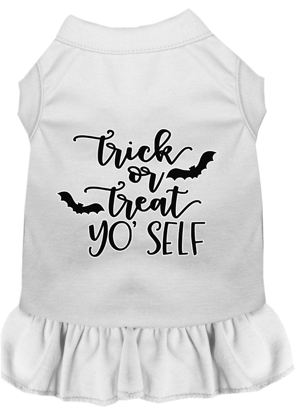 A cute Halloween dress for pets featuring the phrase 'Trick Or Treat Yo' Self', designed for both dogs and cats, showcasing a festive and playful style.
