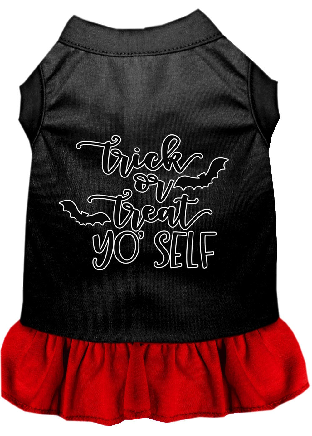 A cute Halloween dress for pets featuring the phrase 'Trick Or Treat Yo' Self', designed for both dogs and cats, showcasing a festive and playful style.