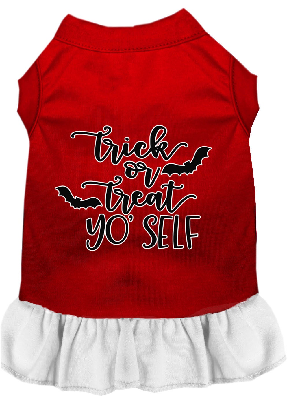 A cute Halloween dress for pets featuring the phrase 'Trick Or Treat Yo' Self', designed for both dogs and cats, showcasing a festive and playful style.