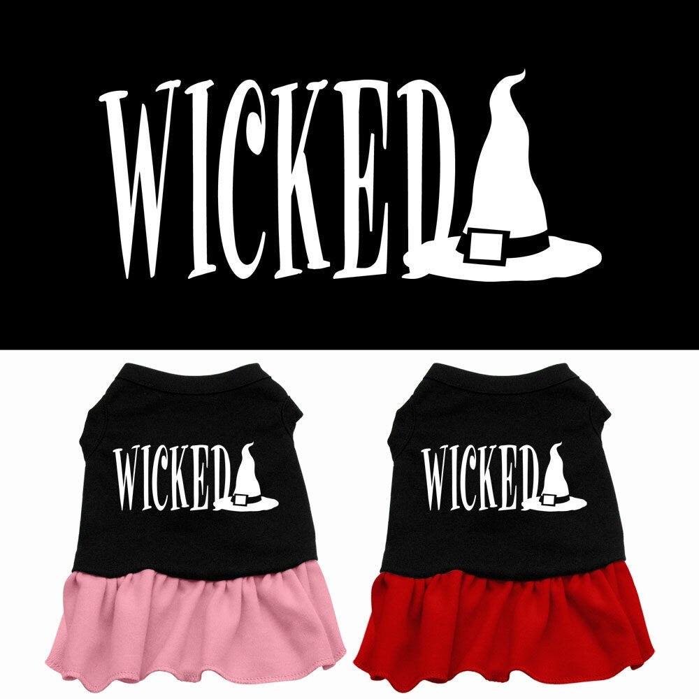 A cute Halloween dress for dogs and cats, featuring a 'Wicked' screen print and a ruffled hem, perfect for festive occasions.