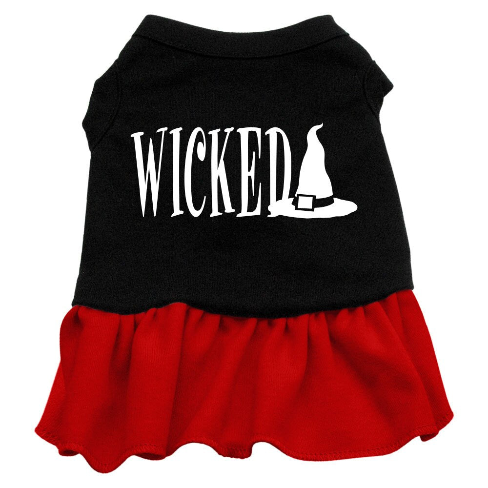 A cute Halloween dress for dogs and cats, featuring a 'Wicked' screen print and a ruffled hem, perfect for festive occasions.