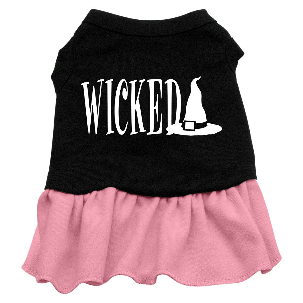A cute Halloween dress for dogs and cats, featuring a 'Wicked' screen print and a ruffled hem, perfect for festive occasions.