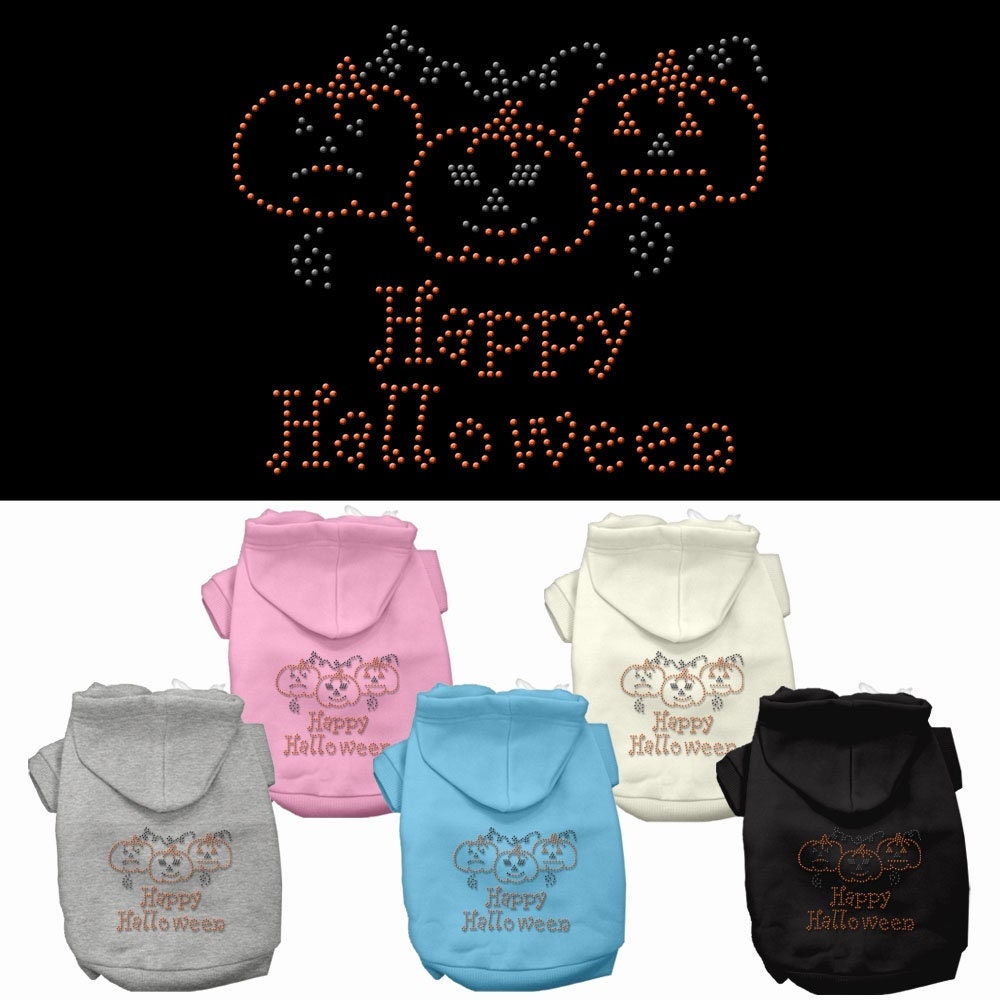 A cozy Halloween hoodie for pets featuring rhinestones and the text 'Happy Halloween', suitable for dogs and cats.