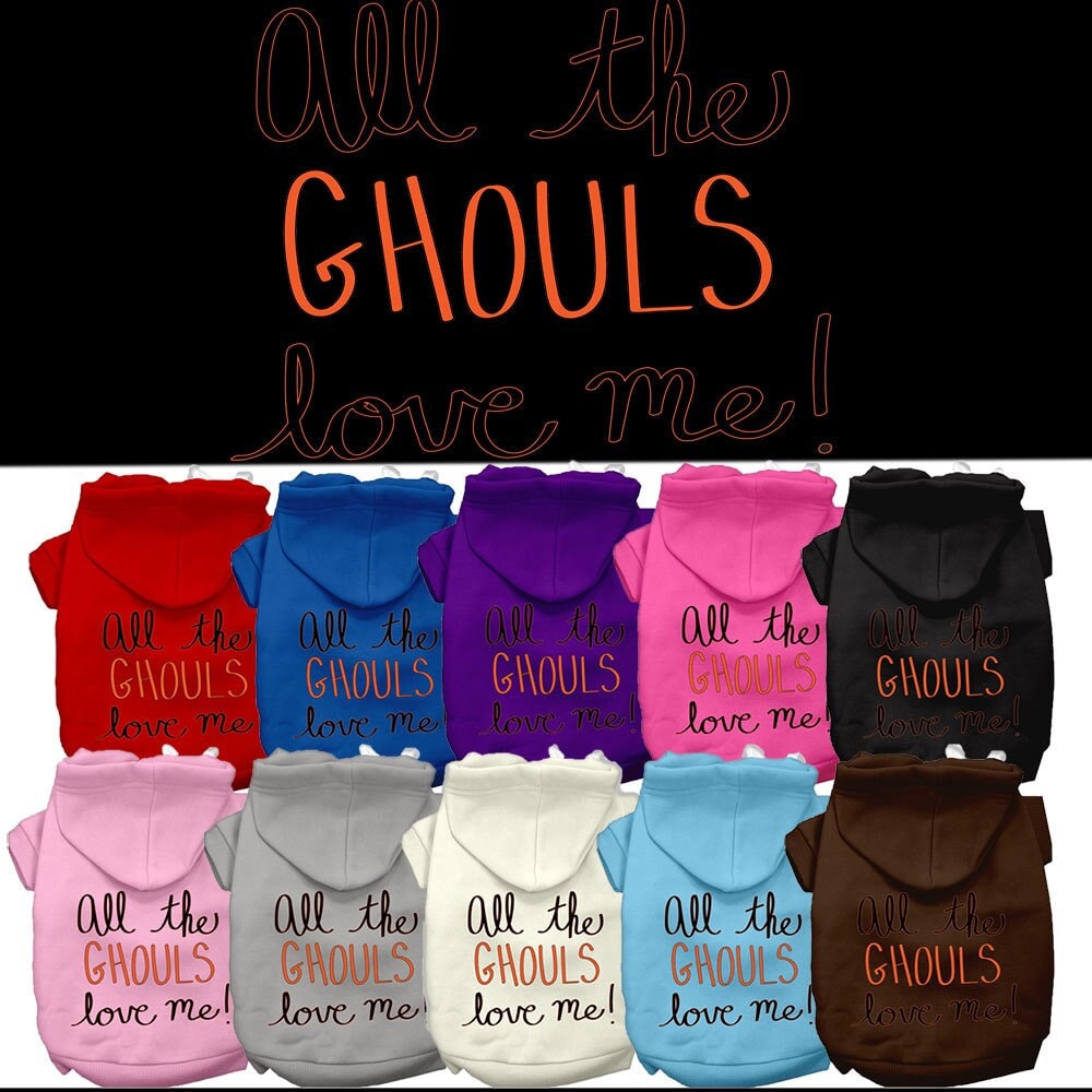 A cozy Halloween pet hoodie for dogs and cats, featuring the phrase 'All The Ghouls Love Me' in vibrant print, perfect for festive occasions.