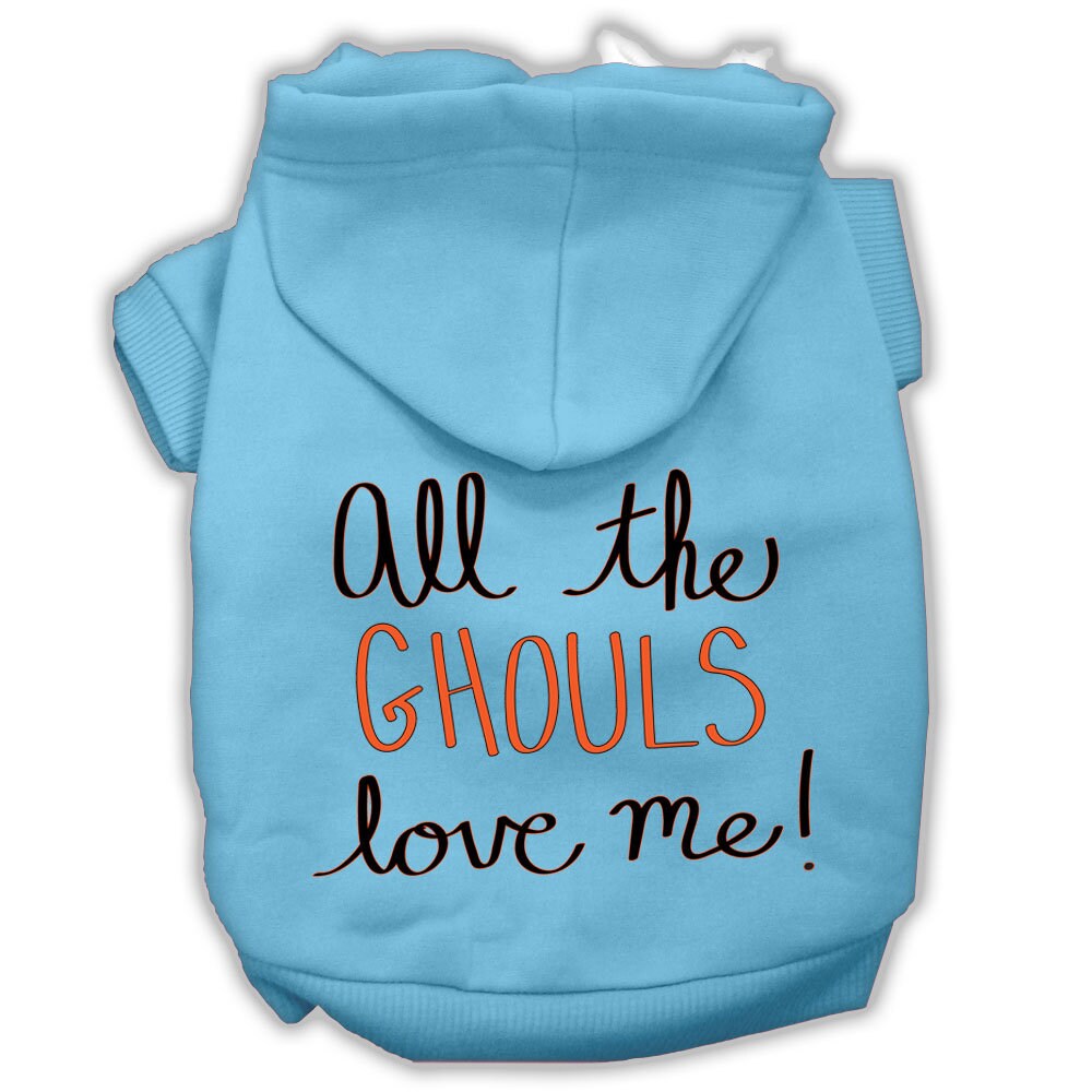 A cozy Halloween pet hoodie for dogs and cats, featuring the phrase 'All The Ghouls Love Me' in vibrant print, perfect for festive occasions.