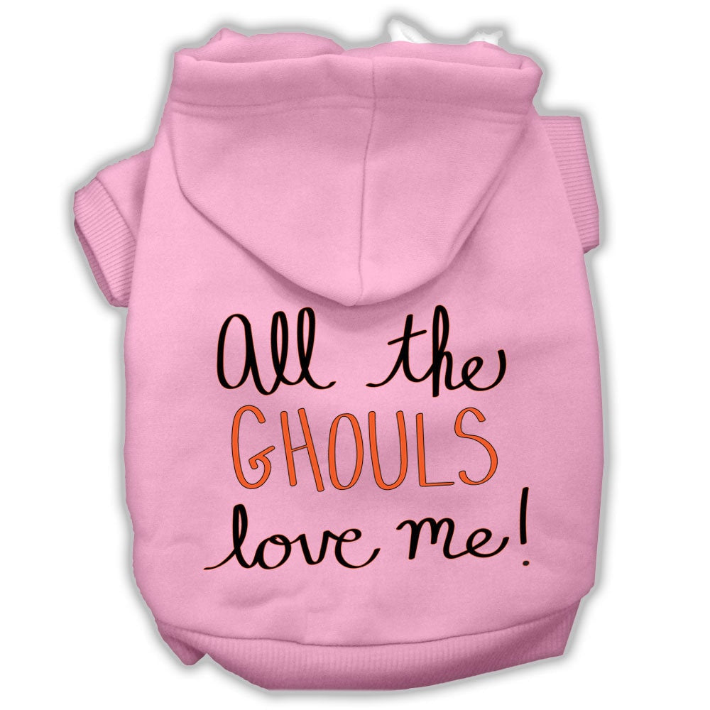A cozy Halloween pet hoodie for dogs and cats, featuring the phrase 'All The Ghouls Love Me' in vibrant print, perfect for festive occasions.