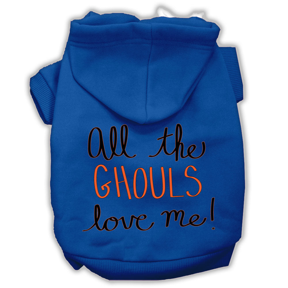 A cozy Halloween pet hoodie for dogs and cats, featuring the phrase 'All The Ghouls Love Me' in vibrant print, perfect for festive occasions.