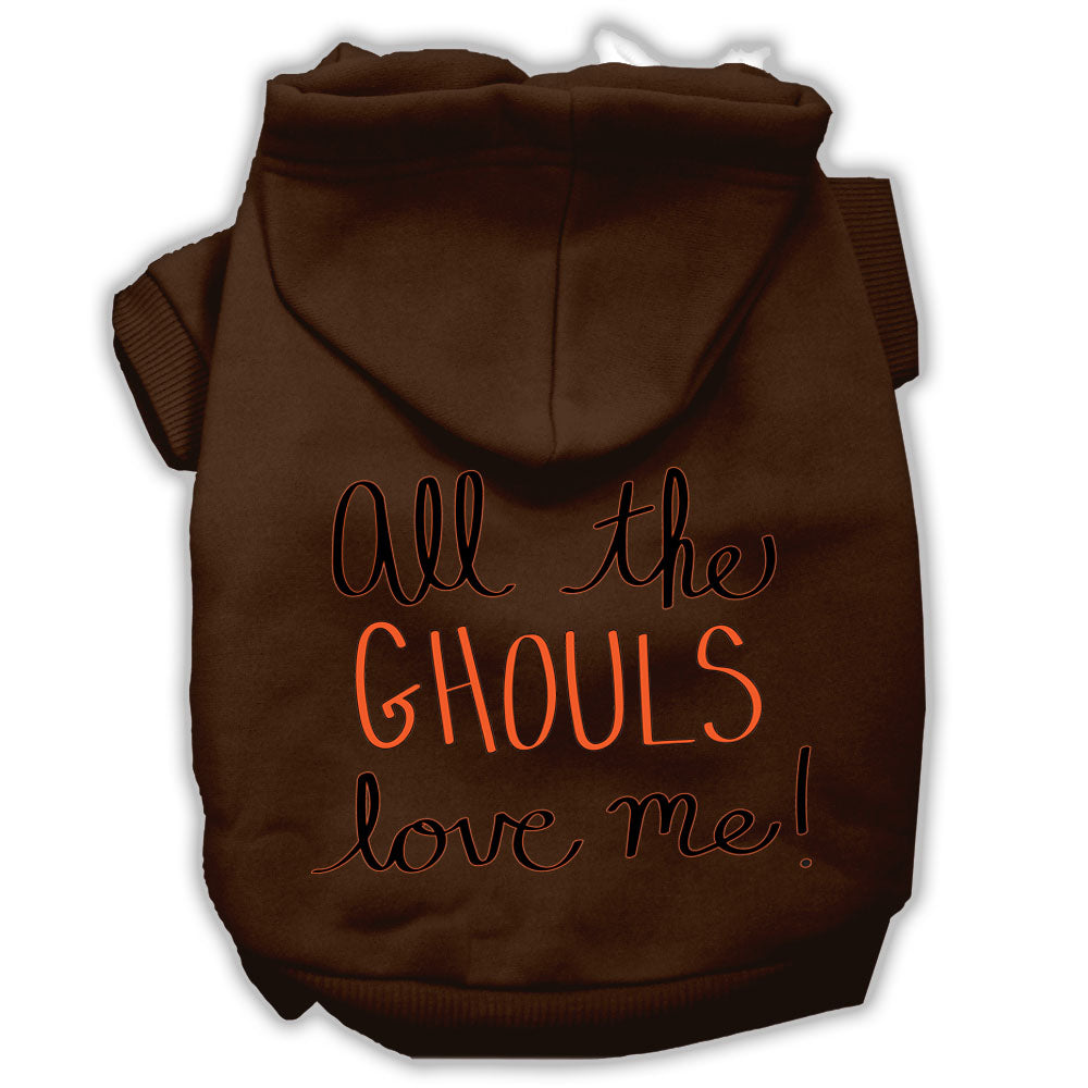 A cozy Halloween pet hoodie for dogs and cats, featuring the phrase 'All The Ghouls Love Me' in vibrant print, perfect for festive occasions.