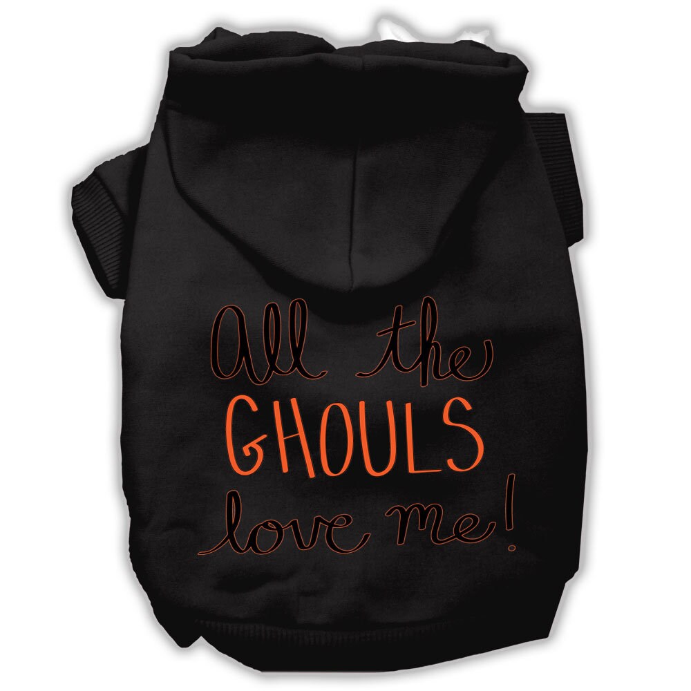 A cozy Halloween pet hoodie for dogs and cats, featuring the phrase 'All The Ghouls Love Me' in vibrant print, perfect for festive occasions.
