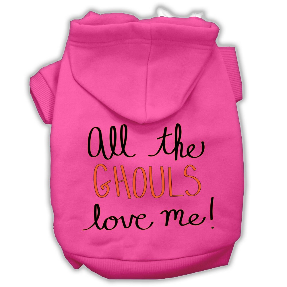 A cozy Halloween pet hoodie for dogs and cats, featuring the phrase 'All The Ghouls Love Me' in vibrant print, perfect for festive occasions.
