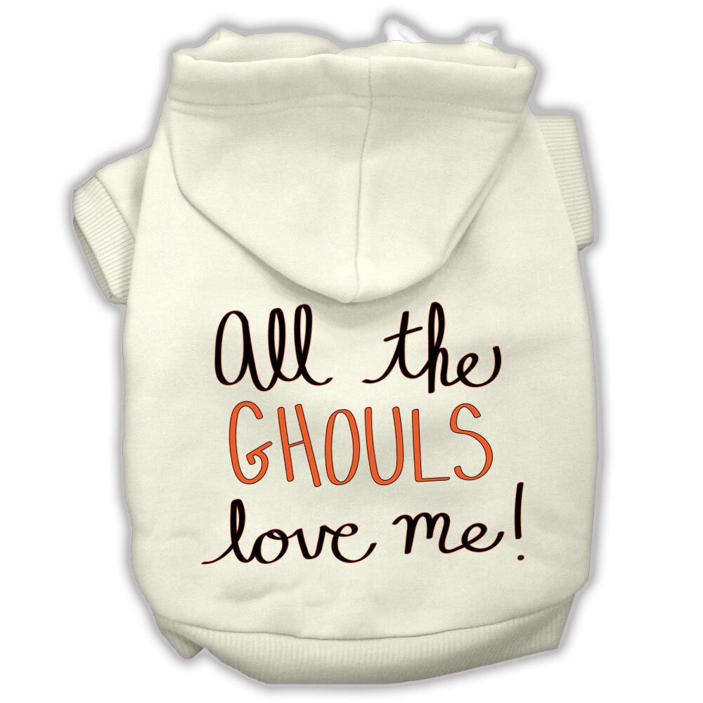 A cozy Halloween pet hoodie for dogs and cats, featuring the phrase 'All The Ghouls Love Me' in vibrant print, perfect for festive occasions.