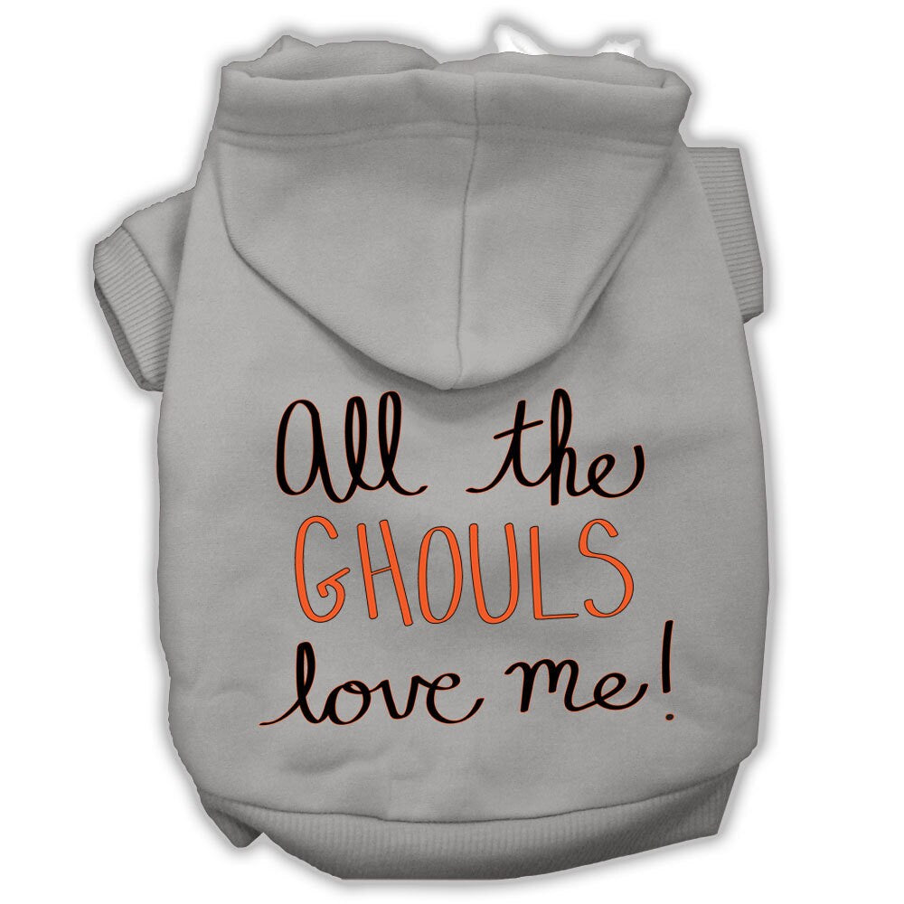 A cozy Halloween pet hoodie for dogs and cats, featuring the phrase 'All The Ghouls Love Me' in vibrant print, perfect for festive occasions.