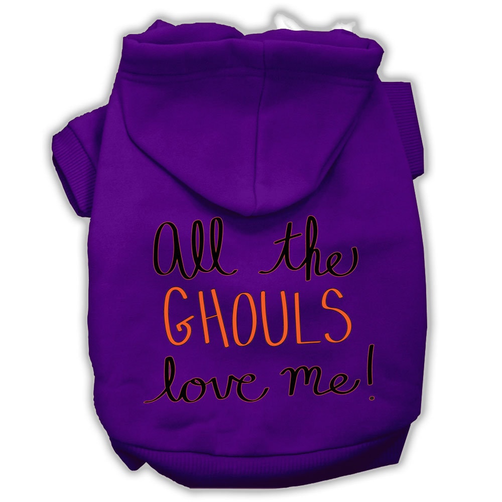 A cozy Halloween pet hoodie for dogs and cats, featuring the phrase 'All The Ghouls Love Me' in vibrant print, perfect for festive occasions.
