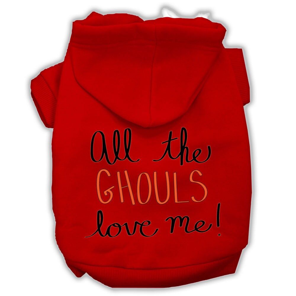 A cozy Halloween pet hoodie for dogs and cats, featuring the phrase 'All The Ghouls Love Me' in vibrant print, perfect for festive occasions.