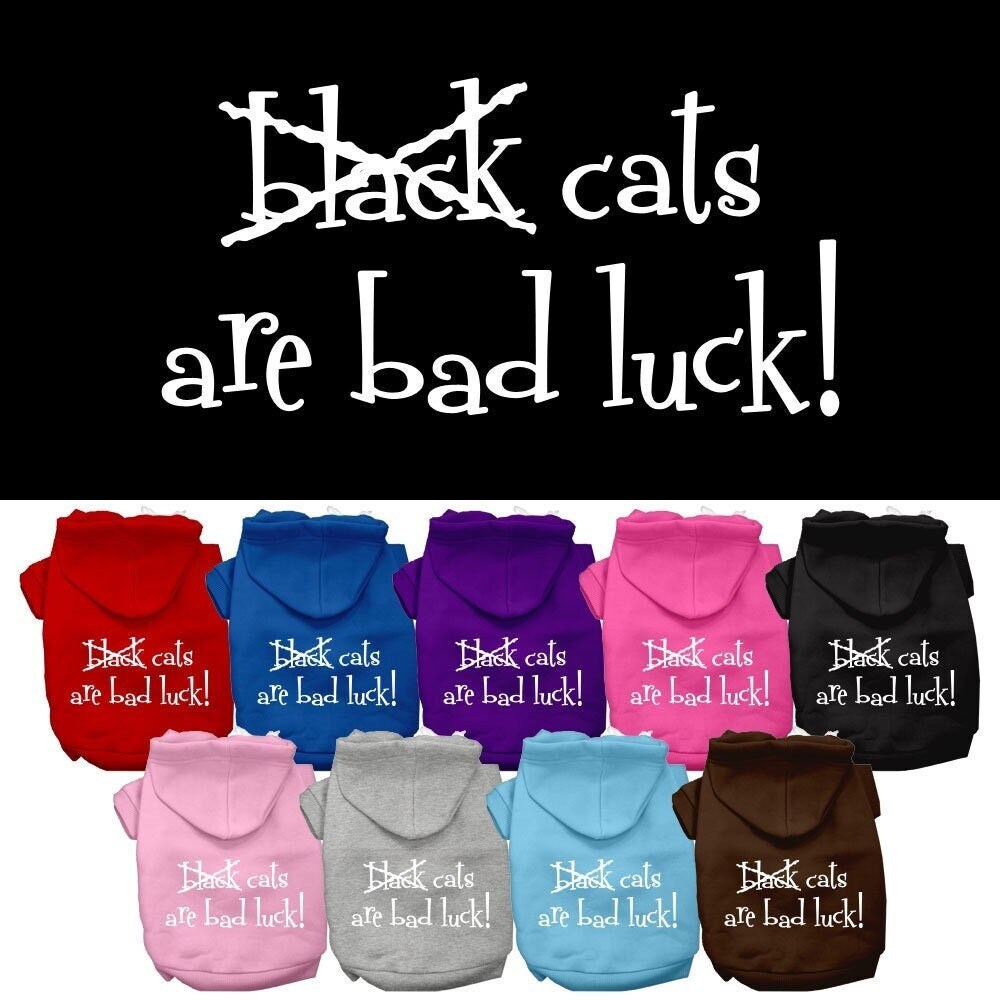 A cozy Halloween hoodie for pets featuring the phrase 'Black Cats Are Bad Luck', suitable for dogs and cats.