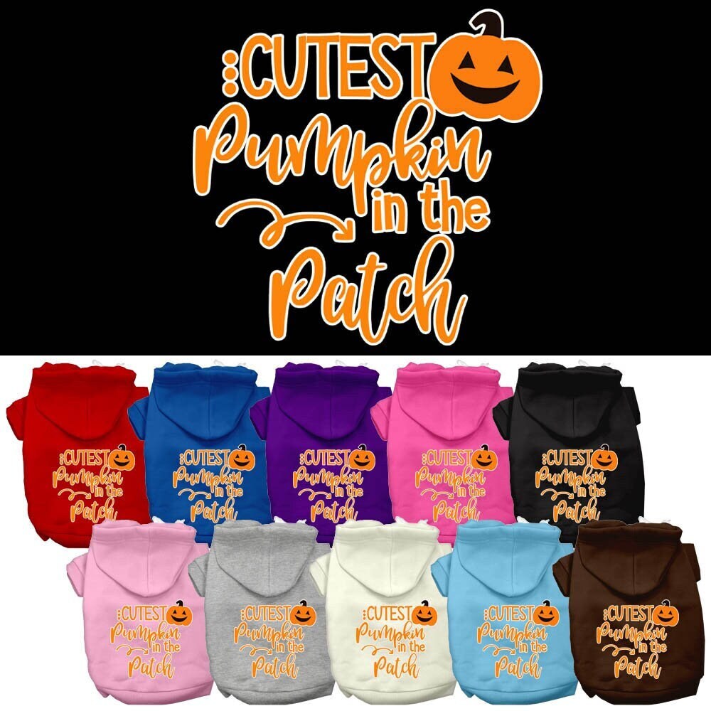 A cozy Halloween hoodie for pets, featuring the phrase 'Cutest Pumpkin In The Patch', designed for dogs and cats.