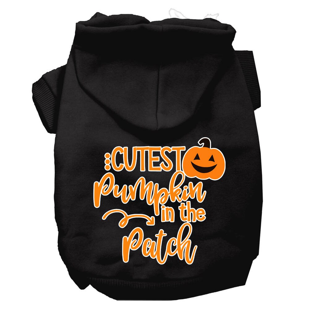 A cozy Halloween hoodie for pets, featuring the phrase 'Cutest Pumpkin In The Patch', designed for dogs and cats.