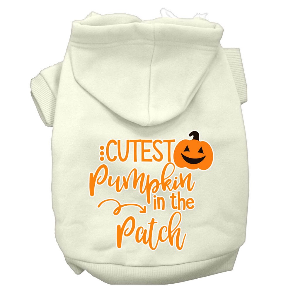 A cozy Halloween hoodie for pets, featuring the phrase 'Cutest Pumpkin In The Patch', designed for dogs and cats.