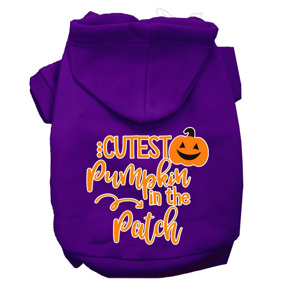 A cozy Halloween hoodie for pets, featuring the phrase 'Cutest Pumpkin In The Patch', designed for dogs and cats.