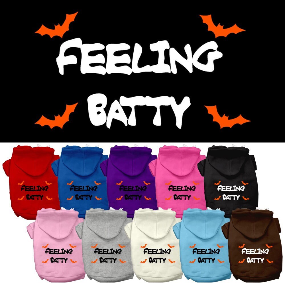 A cozy Halloween hoodie for pets featuring the phrase 'Feeling Batty', designed for dogs and cats, showcasing its soft fabric and durable stitching.