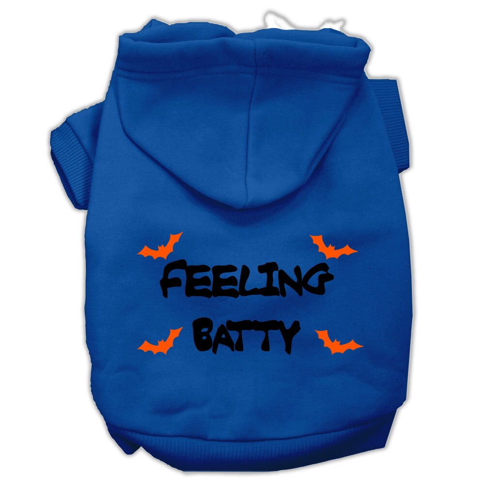 A cozy Halloween hoodie for pets featuring the phrase 'Feeling Batty', designed for dogs and cats, showcasing its soft fabric and durable stitching.