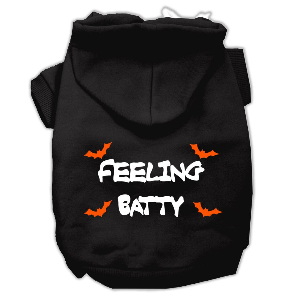 A cozy Halloween hoodie for pets featuring the phrase 'Feeling Batty', designed for dogs and cats, showcasing its soft fabric and durable stitching.