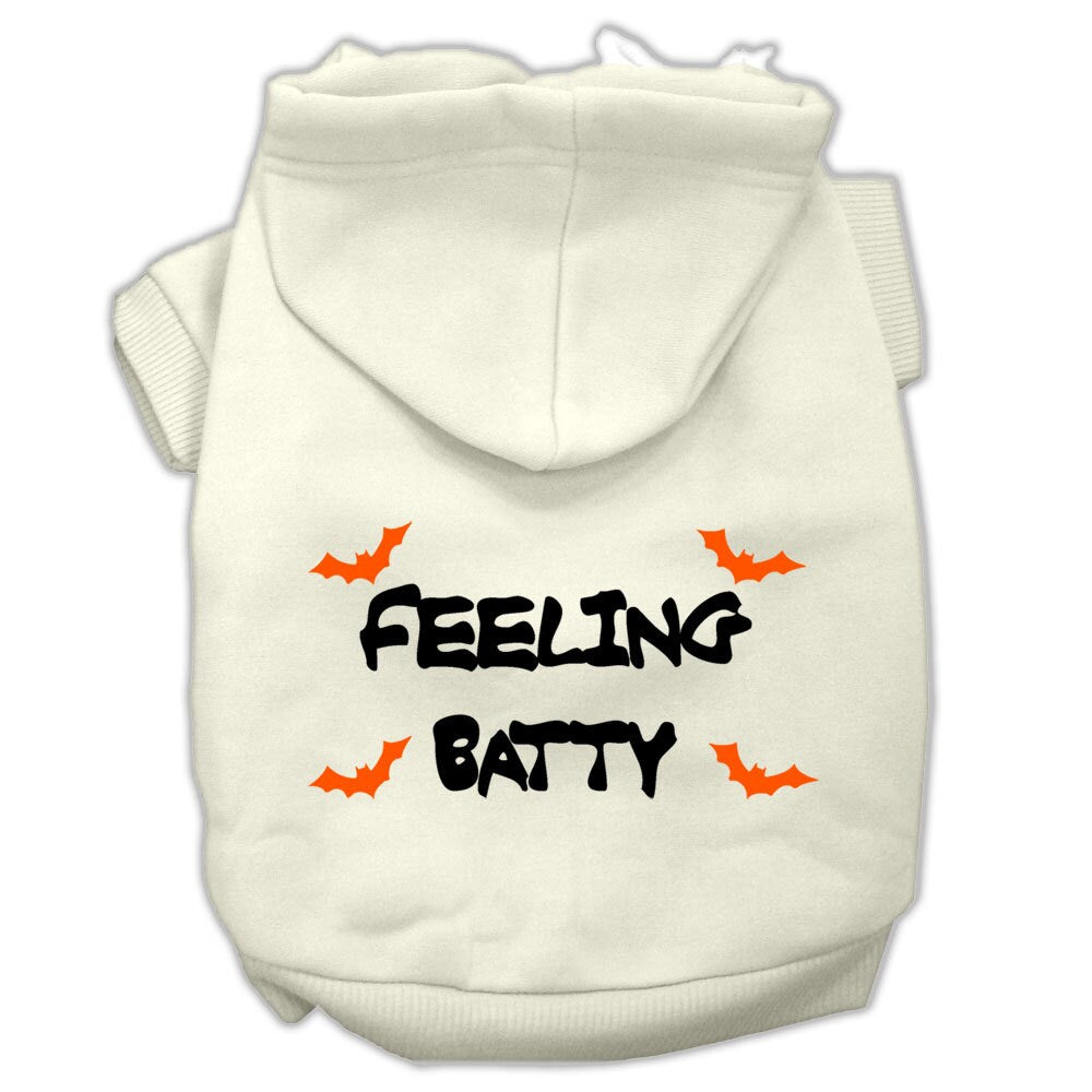 A cozy Halloween hoodie for pets featuring the phrase 'Feeling Batty', designed for dogs and cats, showcasing its soft fabric and durable stitching.