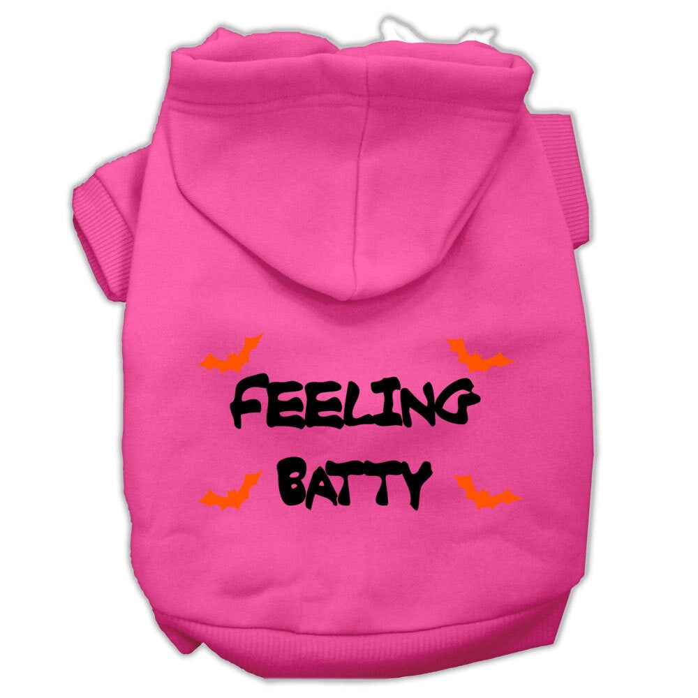 A cozy Halloween hoodie for pets featuring the phrase 'Feeling Batty', designed for dogs and cats, showcasing its soft fabric and durable stitching.