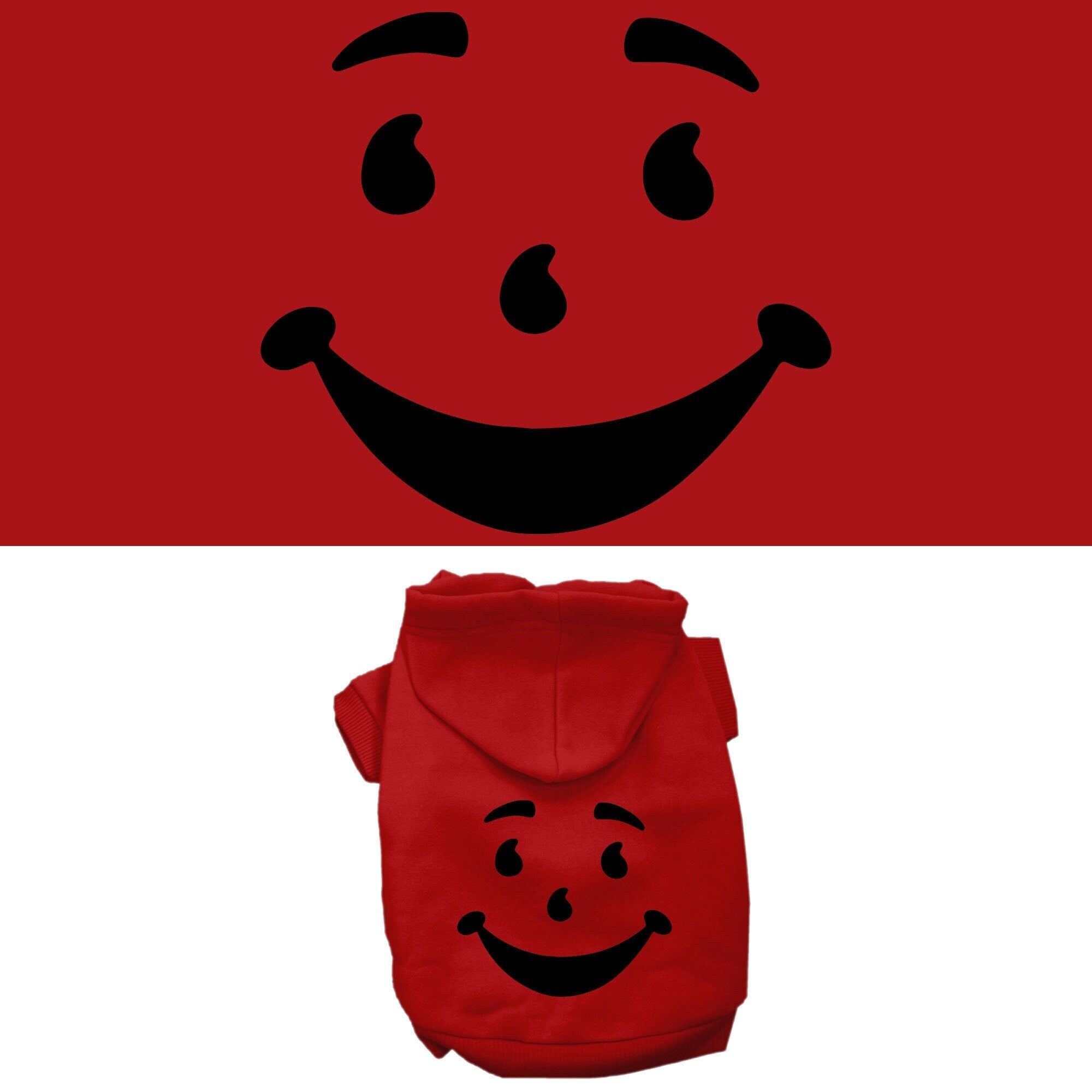 A cozy Halloween pet hoodie for dogs and cats featuring a fun 'Happy Drink Man' screen print, perfect for festive occasions.