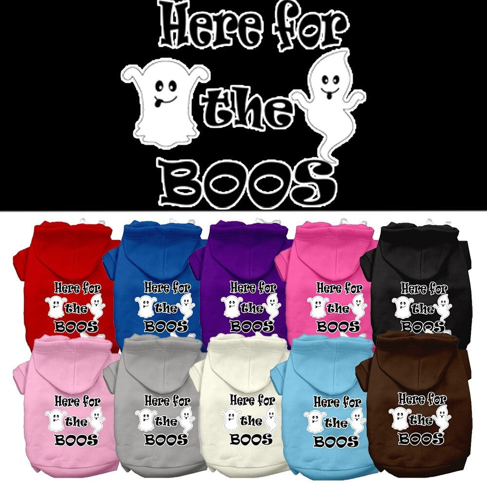 A cozy Halloween hoodie for pets featuring the phrase 'Here For The Boos', suitable for dogs and cats.