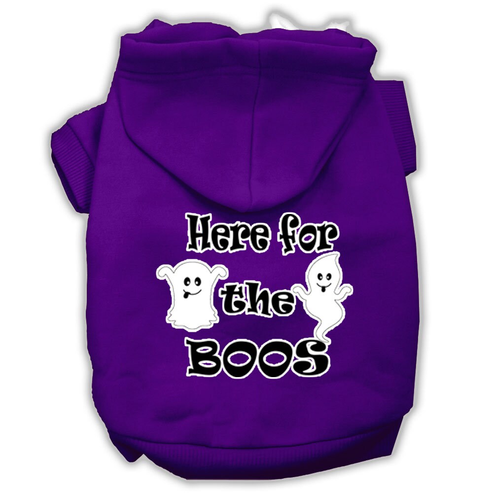 A cozy Halloween hoodie for pets featuring the phrase 'Here For The Boos', suitable for dogs and cats.